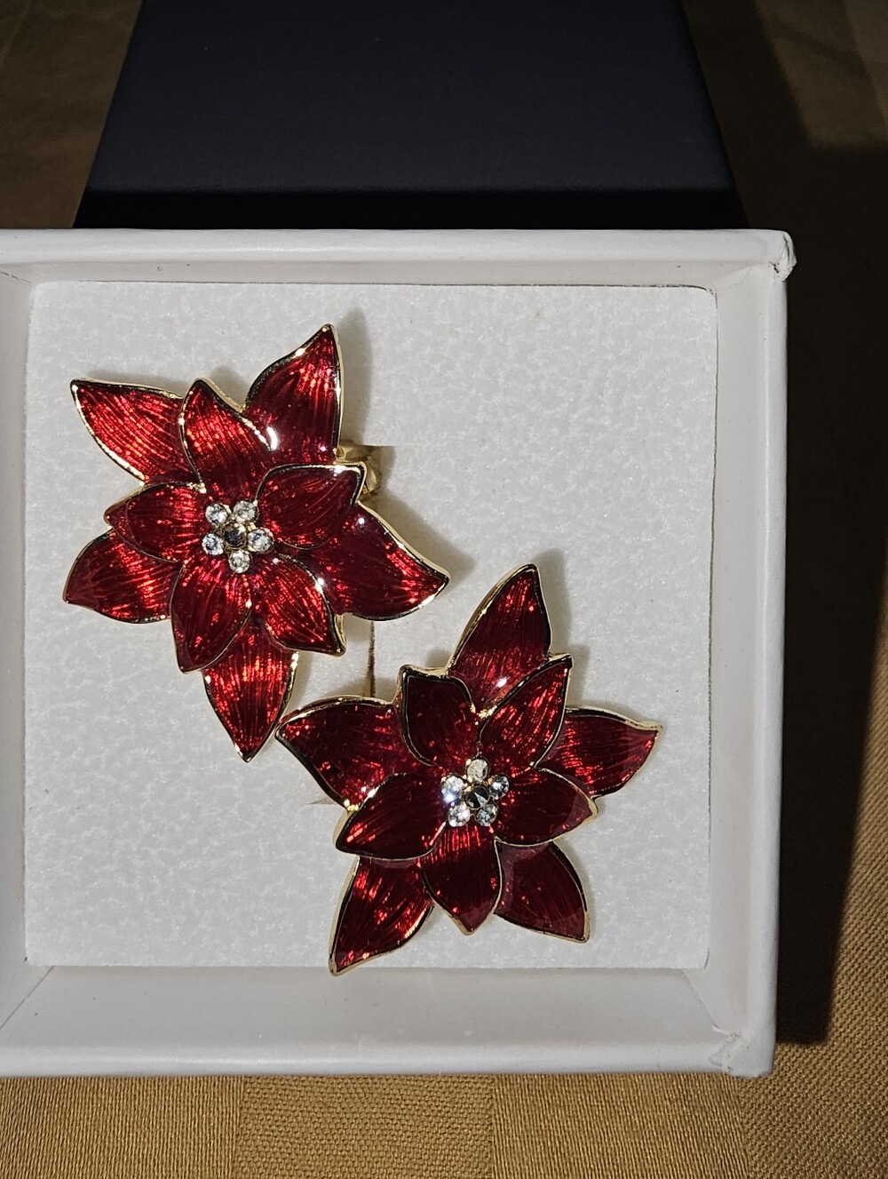 Eisenburg Ice Christmas Poinsetta Red Enamel Crystal Rhinestone Clip Earrings